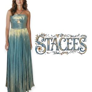 Stacees Sky Blue Gold Metallic Shimmer Floor Length gown with side slit size 2